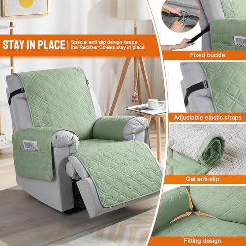 VANSOFY 100% Waterproof Recliner Chair Covers Washable, Light Green - Image 3