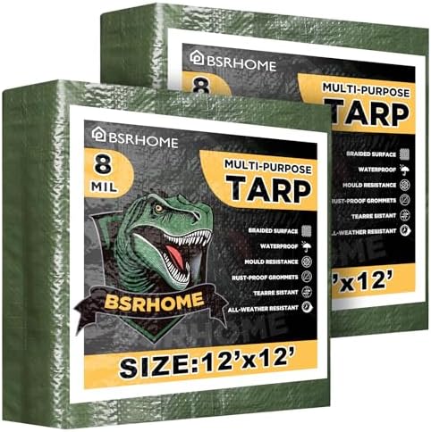 Tarps Waterproof 12x12 Feet, 2 Pack Heavy Duty Green Tarp Cover 8 Mil Thick by BSRHOME