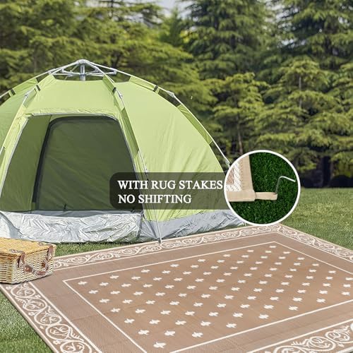 Pauwer Waterproof Outdoor Rug 10x14, Plastic Patio Rug, Bordered Beige - Image 5