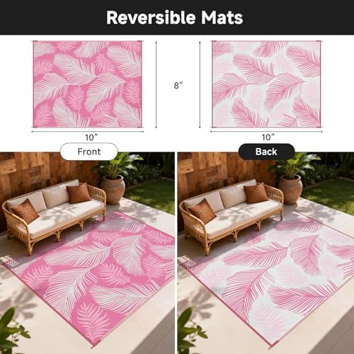 Pauwer Waterproof Outdoor Rug 8x10, Plastic Straw Patio Rug, Leaf Pink - Image 3