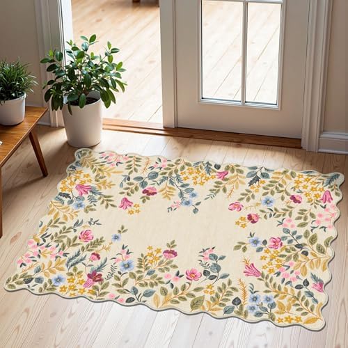 Front Door Mat Outside Entrance 2x3 Beige Colorful Floral Entry Rug by Othilic