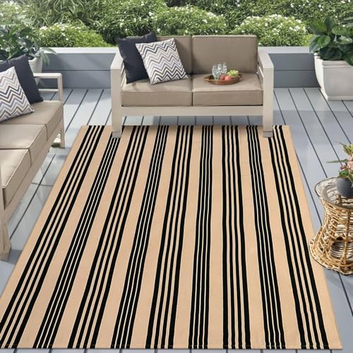 Striped Fall Outdoor Rug 5'x7', Washable Cotton Hand Woven Patio Rug by Sungea