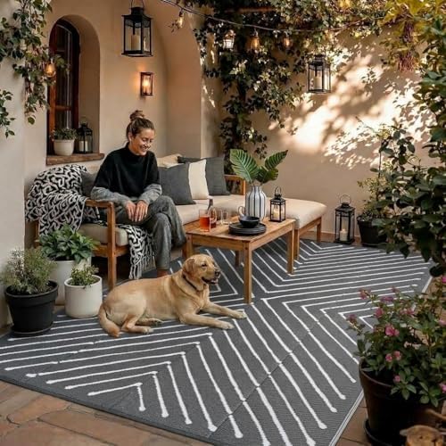 Garvee Modern Striped 9x12 Extra Large Reversible Outdoor Rug, Waterproof Patio - Image 3
