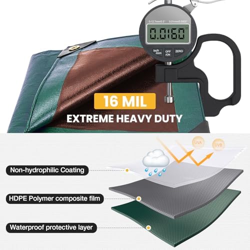 Winpull Tarp 16x16FT Green, 16 Mil Heavy Duty Waterproof Tarp, Tarp Waterproof - Image 3