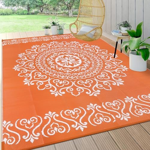 Pauwer Outdoor Rug 6x9, Waterproof Plastic Camping Rug, Floral Orange by Pauwer