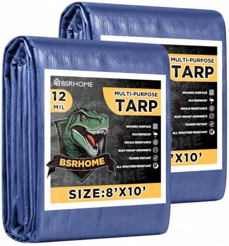 Tarps Waterproof 8x10 Feet, 2 Pack Heavy Duty Blue Tarp Cover 12 Mil Thick by BSRHOME