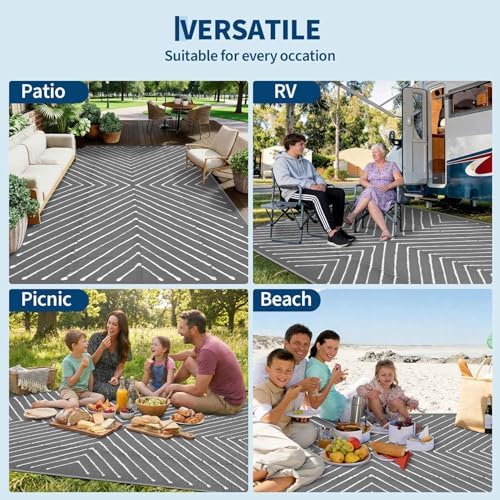 Garvee Grey 6x9 Striped Outdoor Rug Waterproof Reversible Straw Patio Carpet - Image 4