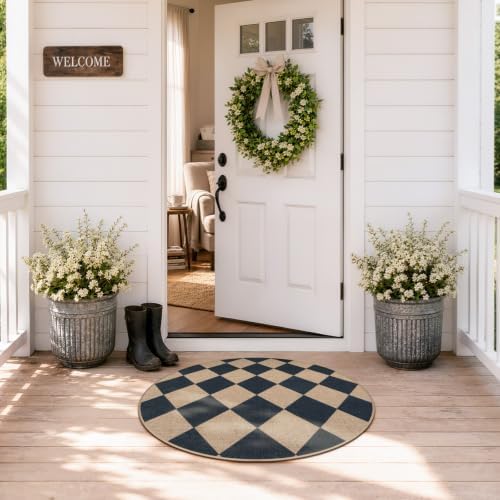 Lahome Checkered Easy Jute Entryway Rug, 3ft Round Washable Rugs Black - Image 3