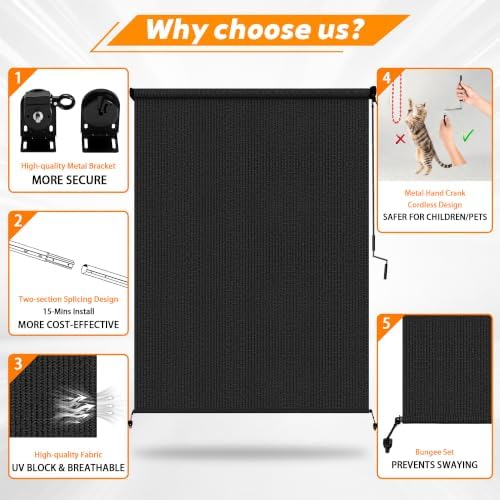 Outdoor Roller Shades for Patio 4'Wx6'H Black, 90% UV Block & Privacy - Image 3