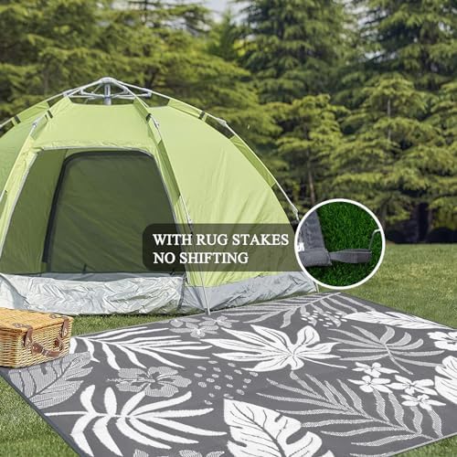 Pauwer Waterproof Outdoor Rug 6x9, Plastic Straw Patio Rug, Floral Grey - Image 6