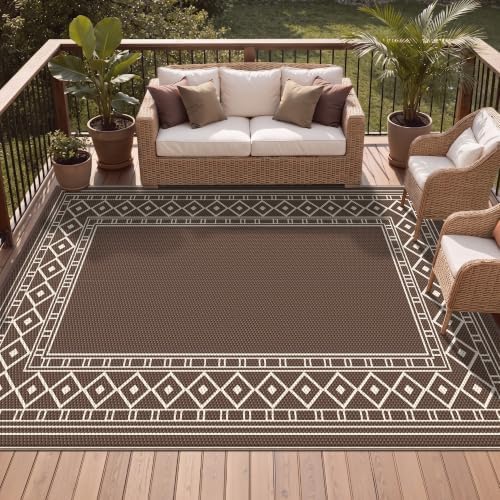 GENIMO Outdoor Rug Waterproof for Patio, Outside Area Mat for Rv, Coffee & Beige - Image 2