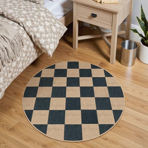 Lahome Checkered Easy Jute Entryway Rug, 3ft Round Washable Rugs Black - Image 2