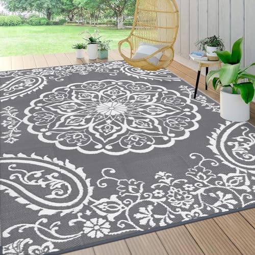 Pauwer Outdoor Rug 10x14, Waterproof Plastic Straw Camping Rug, Boho Grey by Pauwer