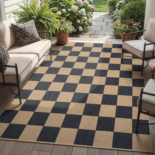 Lahome Checkered Easy Jute 5x7 Outdoor Patio Rug, Area Rugs Washable Black by Lahome