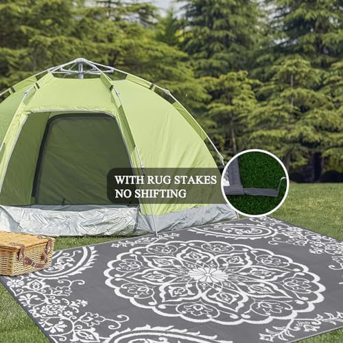 Pauwer Outdoor Rug 10x14, Waterproof Plastic Straw Camping Rug, Boho Grey - Image 5