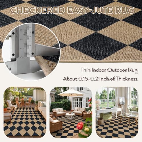 Lahome Checkered Easy Jute Outdoor Patio Rug, 8x10 Living Room Rug Washable - Image 5