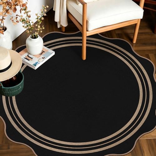 Scalloped Round Entryway Rug 4ft, Indoor Outdoor Patio Rug Washable Farmhouse by LORWER