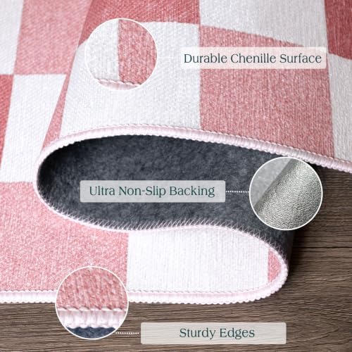 Front Door Mat Indoor Entrance, 2x4.3 Cute Pink White Checkered Rug - Image 2