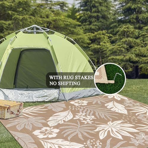 Pauwer Waterproof Outdoor Rug 9x12, Plastic Straw Patio Rug, Floral Brown - Image 6