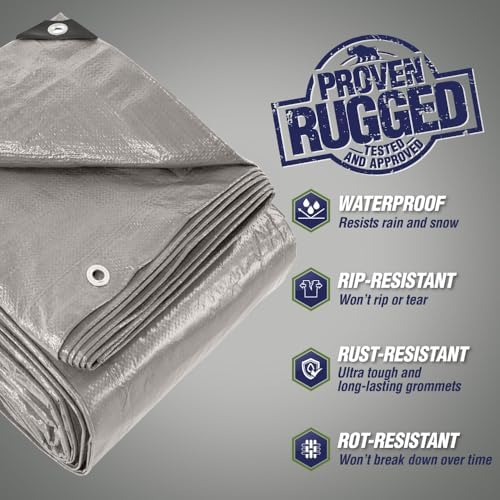 RUGGED RHINO Heavy Duty Waterproof Tarp, Reinforced Corners 1 Pk 6x8 Silver - Image 2