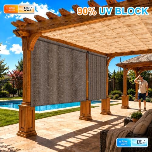 Outdoor Roller Shades for Patio 5'Wx8'H Mocha, 90% UV Block & Privacy - Image 2