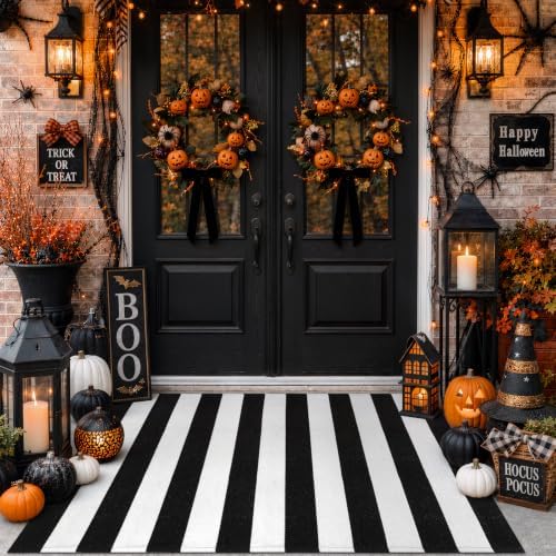 Striped Outdoor Rug 3'x5', Halloween Door Mat, Cotton Woven Washable by Sungea