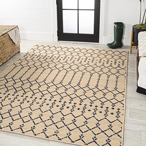 JONATHAN Y Moroccan Geometric Indoor Outdoor Area Rug 10X14 Beige/Navy - Image 4