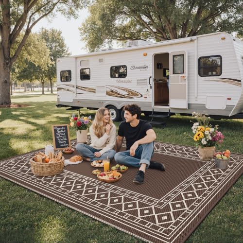 GENIMO Outdoor Rug Waterproof for Patio, Outside Area Mat for Rv, Coffee & Beige - Image 3