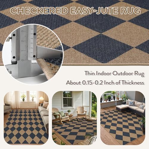Lahome Checkered Easy Jute 5x7 Outdoor Patio Rug, Living Room Rugs Washable - Image 4