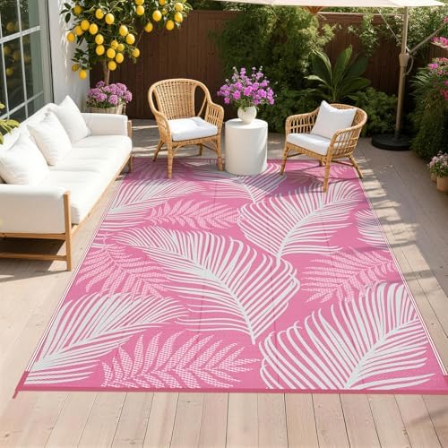 Pauwer Waterproof Outdoor Rug 6x9, Plastic Straw Patio Rug, Leaf Pink by Pauwer