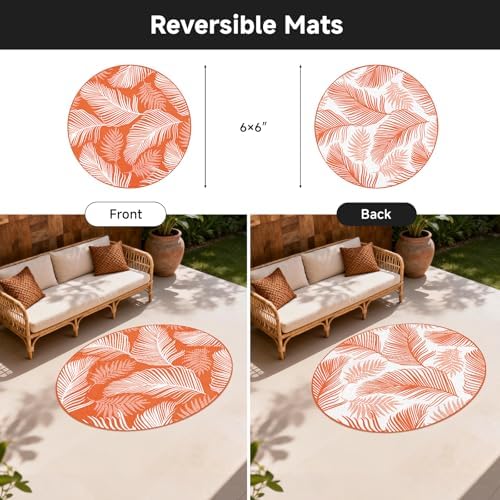 Pauwer Waterproof Outdoor Rug 6ft, Plastic Straw Patio Rug, Leaf Orange - Image 3