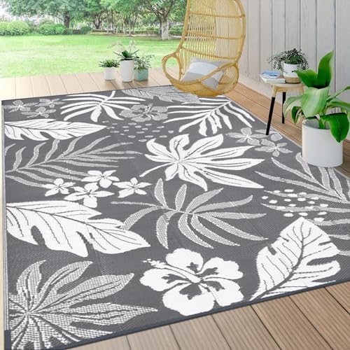 Pauwer Waterproof Outdoor Rug 6x9, Plastic Straw Patio Rug, Floral Grey by Pauwer