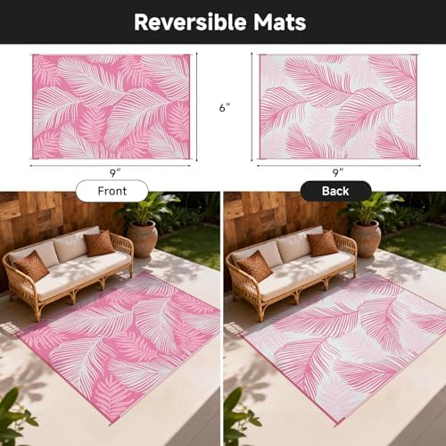 Pauwer Waterproof Outdoor Rug 6x9, Plastic Straw Patio Rug, Leaf Pink - Image 2
