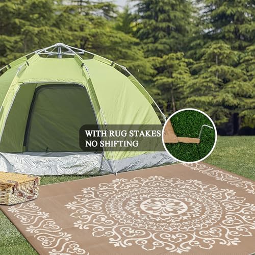 Pauwer Outdoor Rug 9x12, Waterproof Plastic Straw Camping Rug, Floral Brown - Image 5