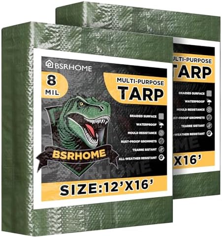 Tarps Waterproof 12x16 Feet, 2 Pack Heavy Duty Green Tarp Cover 8 Mil Thick by BSRHOME
