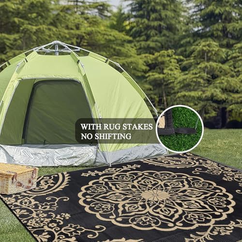 Pauwer Outdoor Rug 8x10, Waterproof Plastic Camping Rug, Boho Black Brown - Image 6