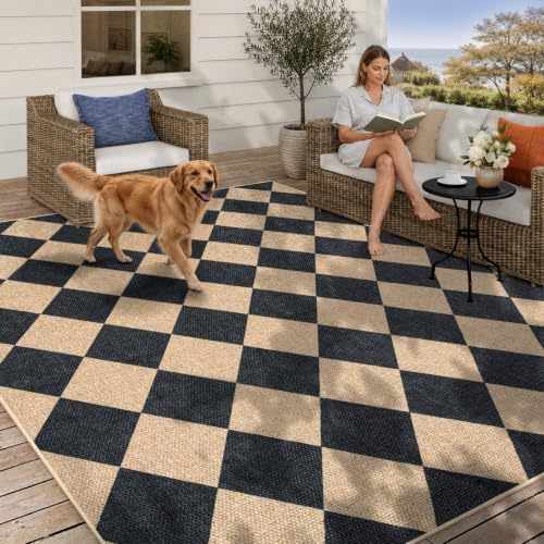Lahome Checkered Easy Jute 5x7 Area Rugs, Washable Outdoor Patio Rug by Lahome