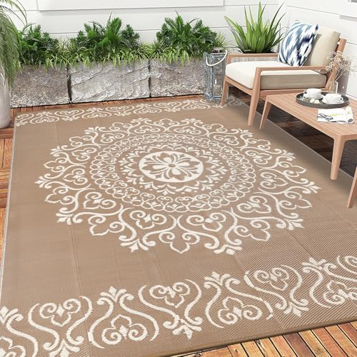 Pauwer Outdoor Rug 9x12, Waterproof Plastic Straw Camping Rug, Floral Brown - Image 6