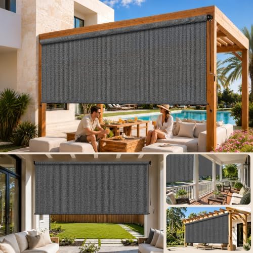 Grey Outdoor Roller Shades 6' W x 6' H, Exterior Cordless Patio Shade Roll - Image 5