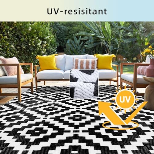 Favoyard Outdoor Rug Black & White 6x9 ft Waterproof Reversible Carpet Mat - Image 3