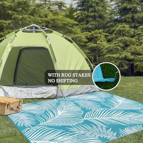Pauwer Waterproof Outdoor Rug 8x10, Plastic Straw Patio Rug, Leaf Teal - Image 6
