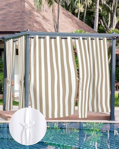 Striped Outdoor Curtains for Patio Waterproof Weatherproof, Khaki and White - Image 5