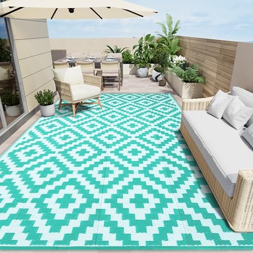 OLANLY Outdoor Rug 9x18 ft Waterproof Reversible Mat, Turquoise & White by OLANLY