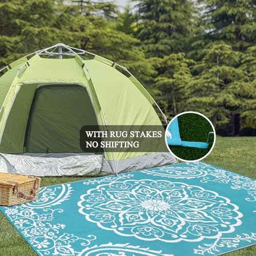 Pauwer Outdoor Rug 9x12, Waterproof Plastic Straw Camping Rug, Boho Teal - Image 5