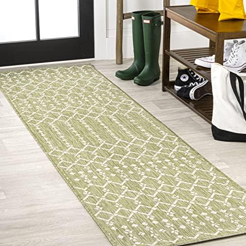 JONATHAN Y Moroccan Geometric Indoor Outdoor Runner Rug 2X10 Light Green/Cream by JONATHANY