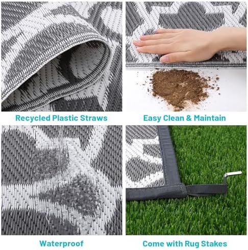 HEBE Waterproof Outdoor Rug 8'x10', Geometric Reversible Plastic Patio Rug - Image 4
