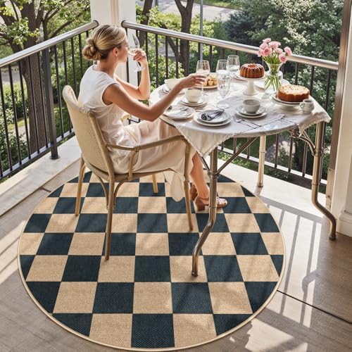 Lahome Checkered Easy Jute 4ft Round Outdoor Rug, Washable Small Rugs Black - Image 3