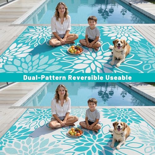 HEBE Waterproof Outdoor Rug 9'x12', Floral Reversible Plastic Patio Rug - Image 4