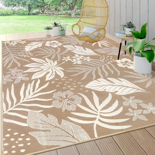 Pauwer Waterproof Outdoor Rug 8x10, Plastic Straw Patio Rug, Floral Brown by Pauwer