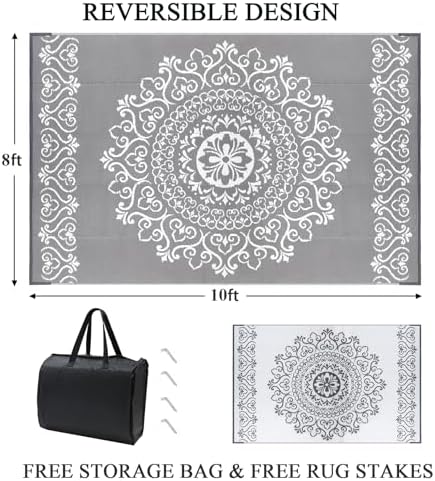 Pauwer Outdoor Rug 8x10, Waterproof Plastic Straw Camping Rug, Floral Grey - Image 2